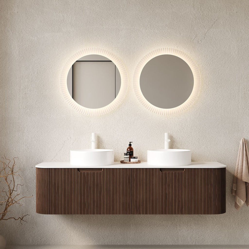 DINA 60" Bathroom Vanity with Sinks, Wall-Mounted Curved Edges Striped Bathroom Storage Cabinet with 2 Drawers, 2 White Round Ceramic Basins, NO Faucet, Pre-assembled, Dark Walnut Woodgrain Color