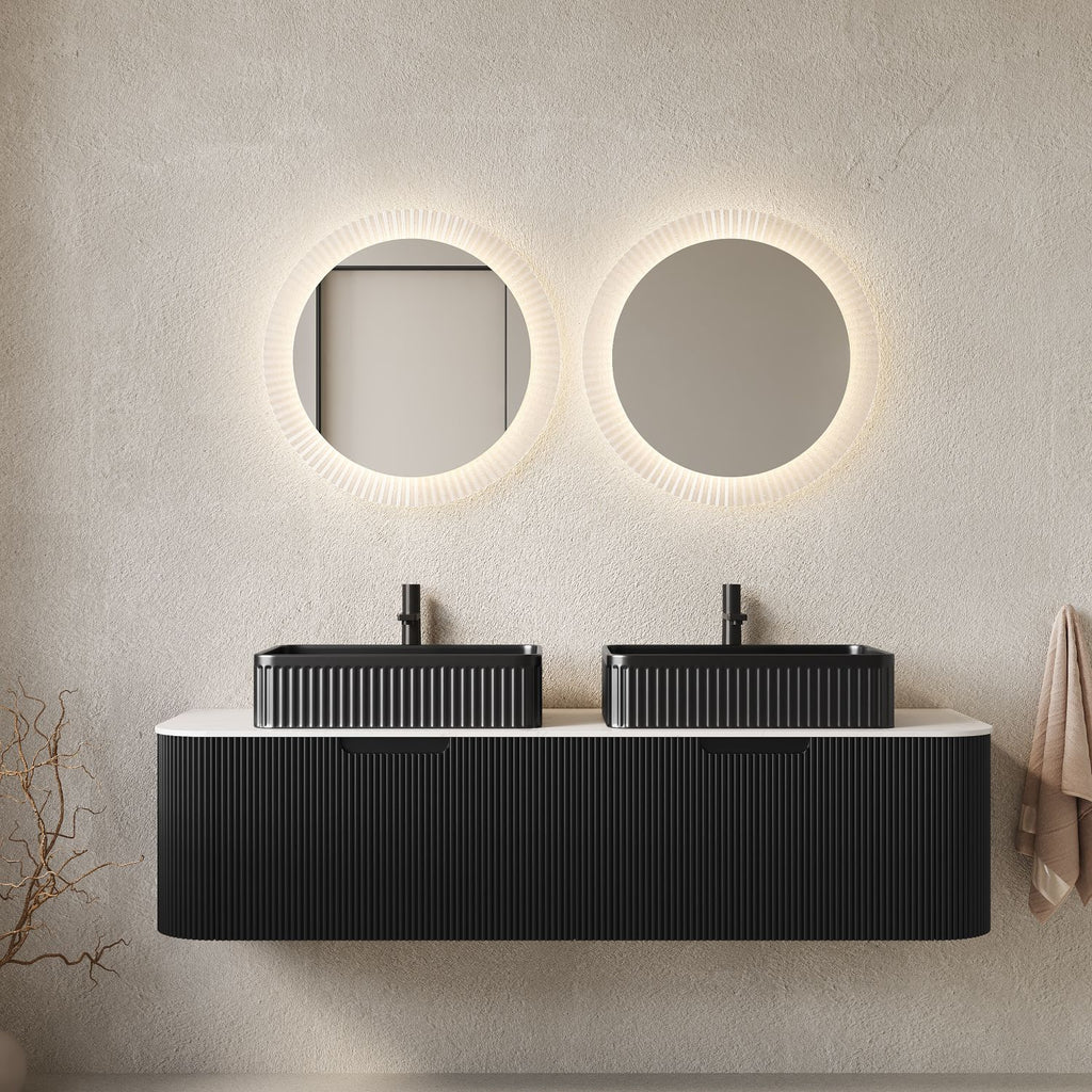 DINA 60" Bathroom Vanity with Sinks, Wall-Mounted Floating Curved Edges Striped Bathroom Storage Cabinet with 2 Drawers, 2 Black Rectangular Ceramic Basins, No Faucet, Pre-assembled, Black Color