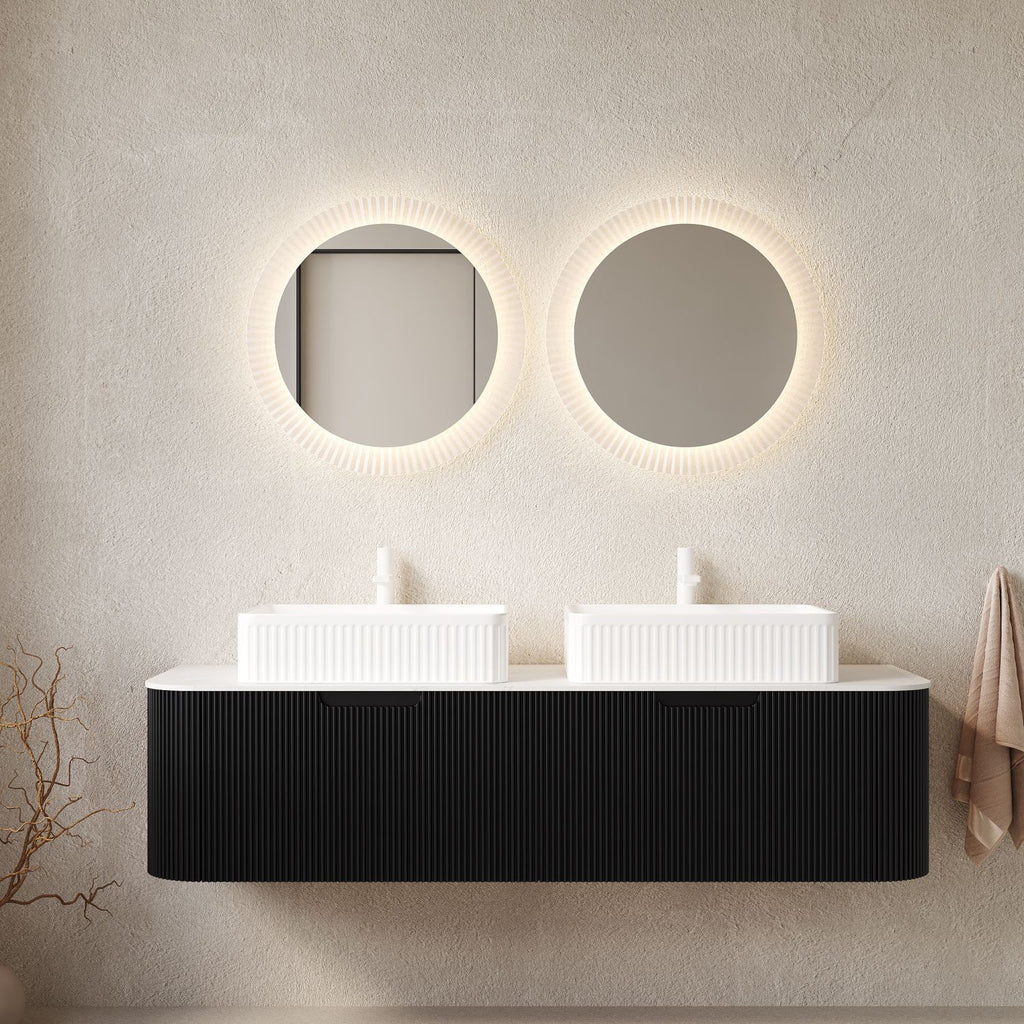 DINA 60" Bathroom Vanity with Sinks, Wall-Mounted Floating Curved Edges Striped Bathroom Storage Cabinet with 2 Drawers, 2 White Rectangular Ceramic Basins, No Faucet, Pre-assembled, Black Color