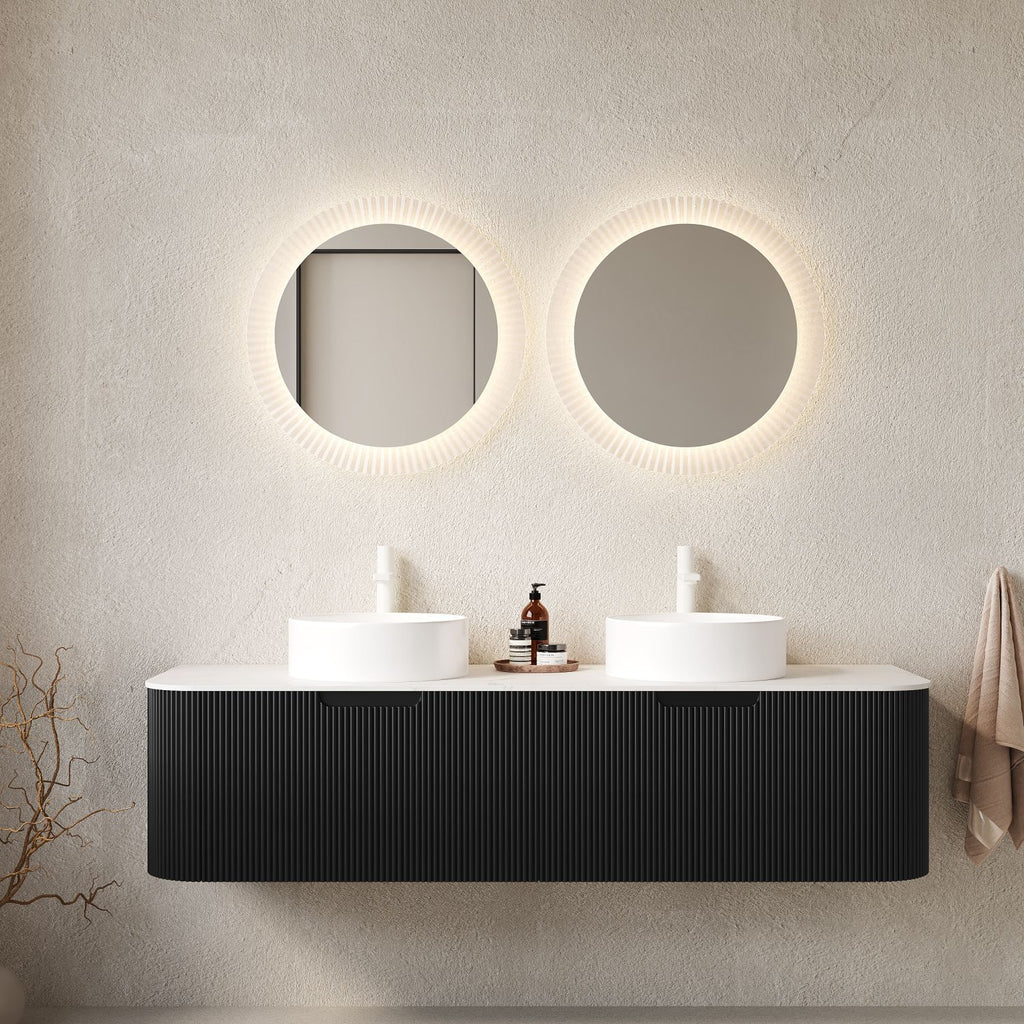 DINA 60" Bathroom Vanity with Sinks, Wall-Mounted Floating Curved Edges Striped Bathroom Storage Cabinet with 2 Drawers, 2 White Round Ceramic Basins, NO Faucet, Pre-assembled, Black Color