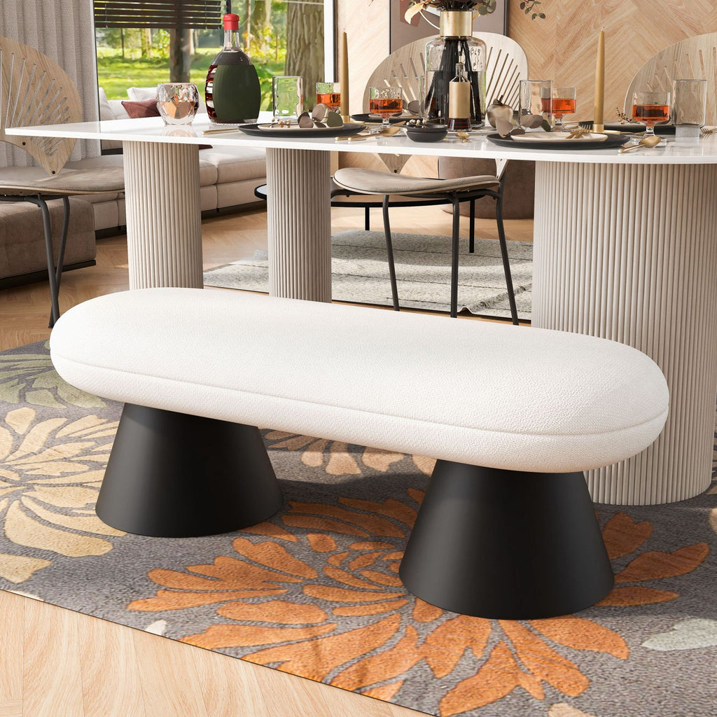 Dining Bench for Dining Room, Upholstered Bedroom End of Bed Entryway Bench Fabric Ottoman for Living Room, Beige Stool Top Black Iron Leg 300 LBS Weight Capacity