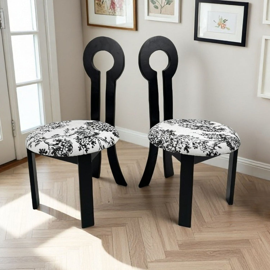 Dining Chairs Set of 2, Key-Design Home Chairs - Linen Upholstered Solid Wooden Dining Chairs with White Round Cushion & Distinctive Wood Grain Texture for Kitchen Dining Room(Black)