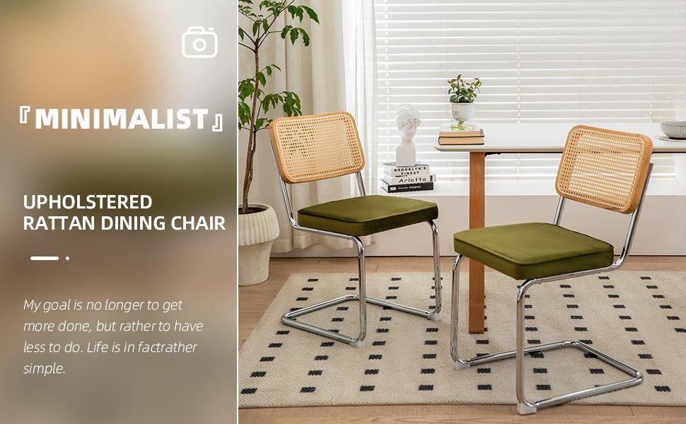 Dining Chairs Set of 2, Velvet Rattan Side Accent Chairs with Chrome Legs, Modern Mid Century Breuer Designed Chairs, Upholstered Dining Living Room Kitchen Chairs (Olive Green-2pcs)