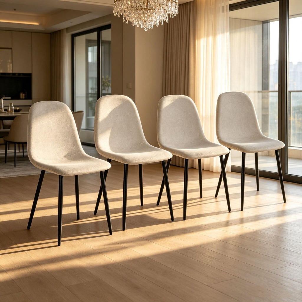 Dining Chairs Set of 4, Modern Accent Chairs with Linen Fabric Upholstered Seat, Spoon Shape Kitchen Chair with Black Metal Legs Dining Side Chairs for Dining Room Kitchen (Beige)