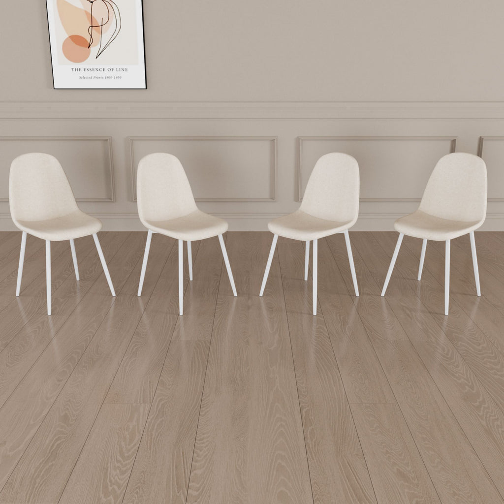 Dining Chairs Set of 4, Modern Accent Chairs with Linen Fabric Upholstered Seat, Spoon Shape Kitchen Chair with White Metal Legs Dining Side Chairs for Dining Room Kitchen (Beige)
