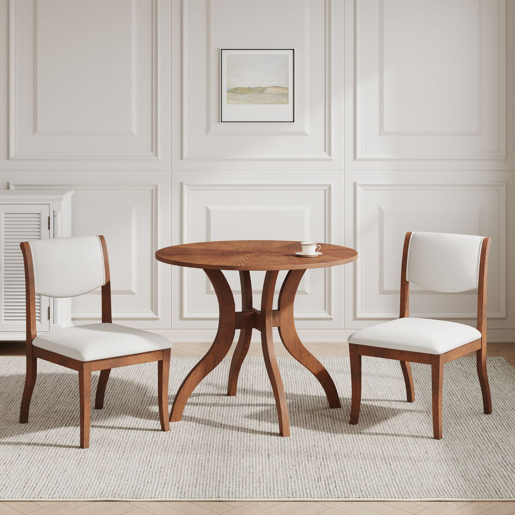 Dining Table Set:39.4" Round Table + 2 Chairs - Traditional Solid Wood Kitchen Set with Inlaid Tabletop, Elegant Curved Legs for Dining Room - Walnut