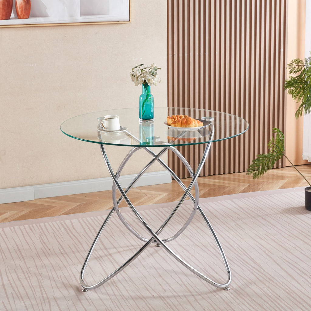 Dining Table with chrome metal leg and tempered glass,Modern Space Saving Kitchen Table for Living Room,chrome color metal legs