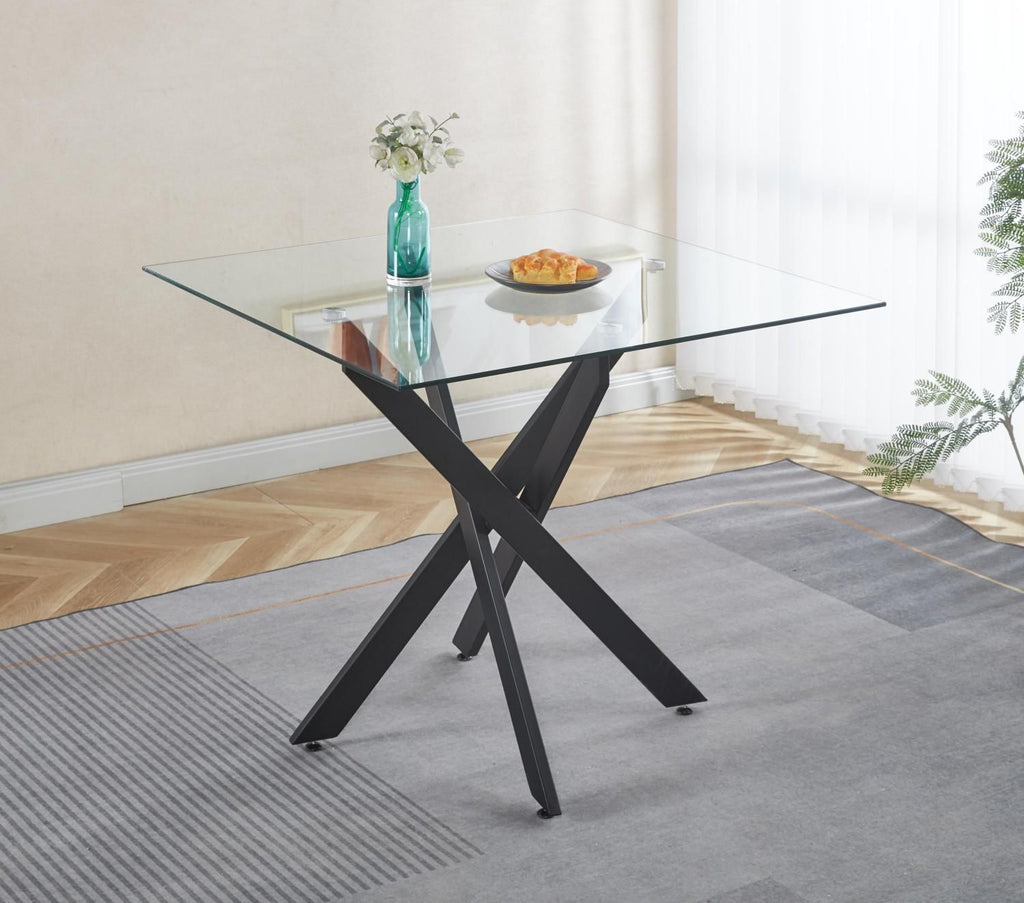 Dining Table with cross metal leg and tempered glass,Modern Space Saving Kitchen Table for Living Room,black legsSquare table,90x90x75cm