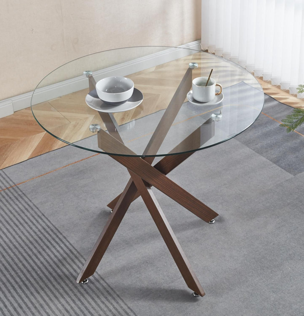 Dining Table with cross metal leg and tempered glass,Modern Space Saving Kitchen Table for Living Room,walnut color metal legs