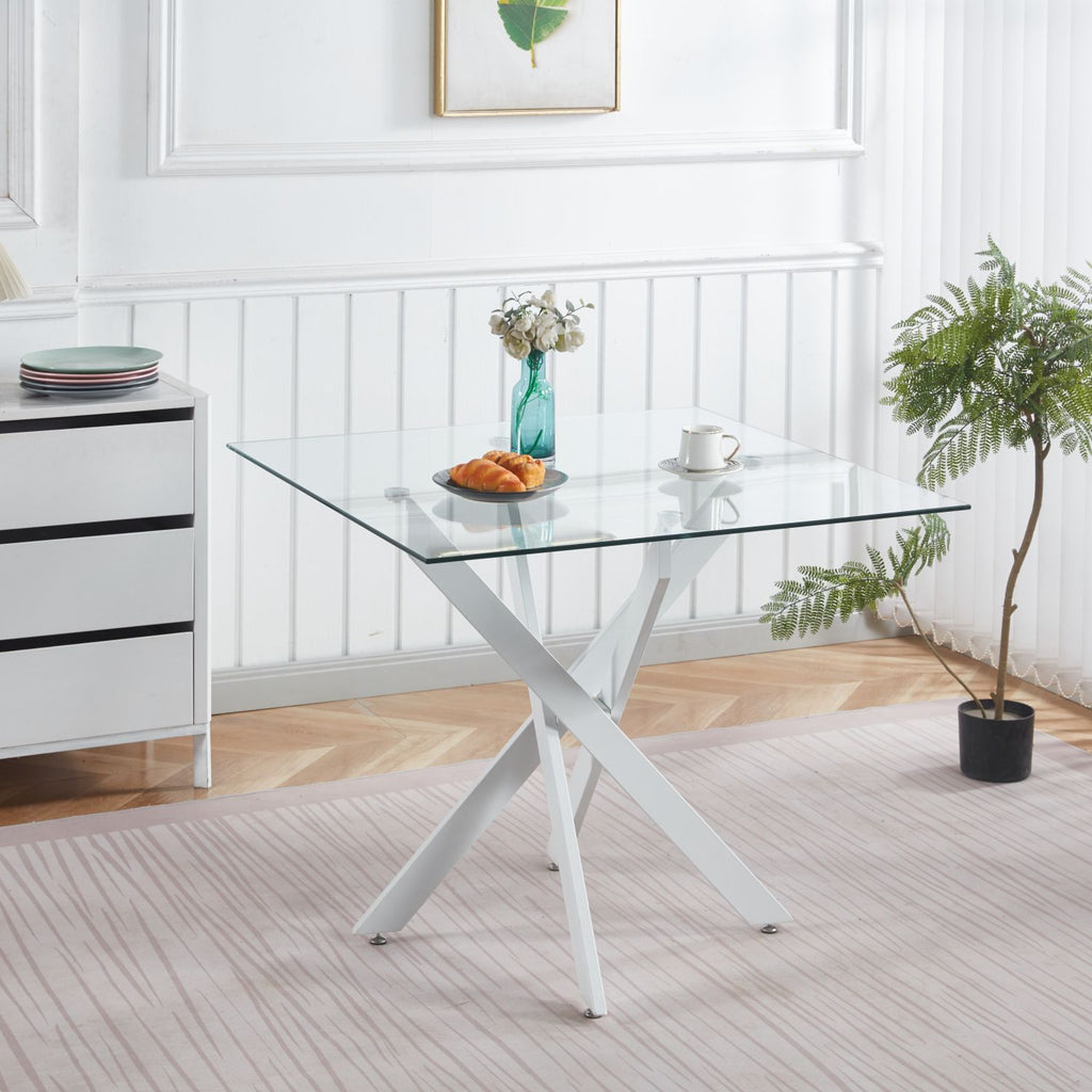 Dining Table with cross metal leg and tempered glass,Modern Space Saving Kitchen Table for Living Room,white legsSquare table,90x90x75cm