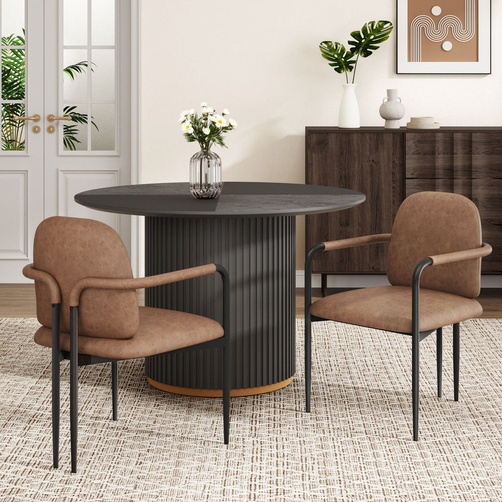Dinning Chair with iron frame-Set of 2-Black+Reddish Brown