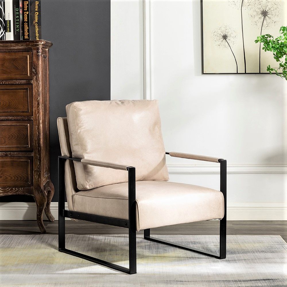 Direct Classic Mid Century Modern Accent Chair with Durable Square Metal Frame, Armchair for Living Room, Bedroom, Home Office in Spotted Microfiber Upholstery, Light Camel