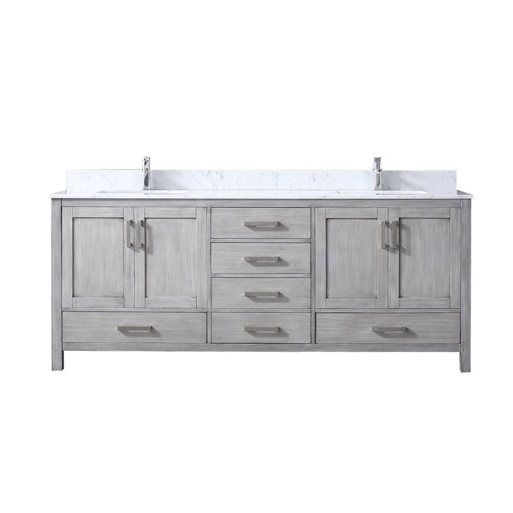Distressed Grey Double Bath Vanity 80 in. W x 22 in. D, Carrara Marble Top, and Faucet Set