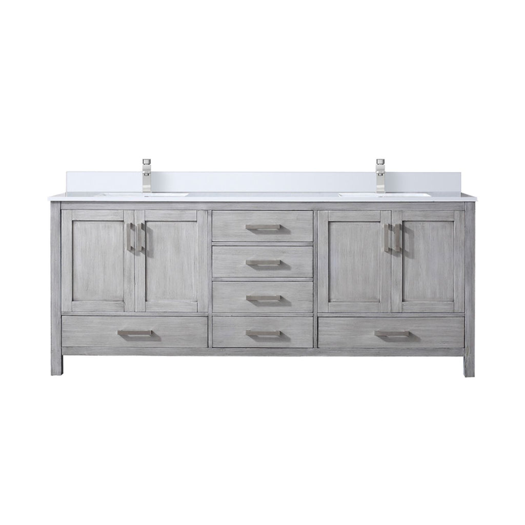 Distressed Grey Double Bath Vanity 80 in. W x 22 in. D, White Quartz Top, and Faucet Set