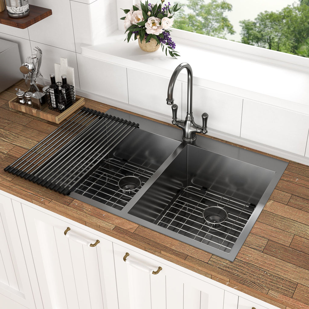 Double Bowl Drop in Sink- 33"x22" Gunmetal Black Double Bowl Kitchen Sink 18 Gauge with Two 9" Deep Basin