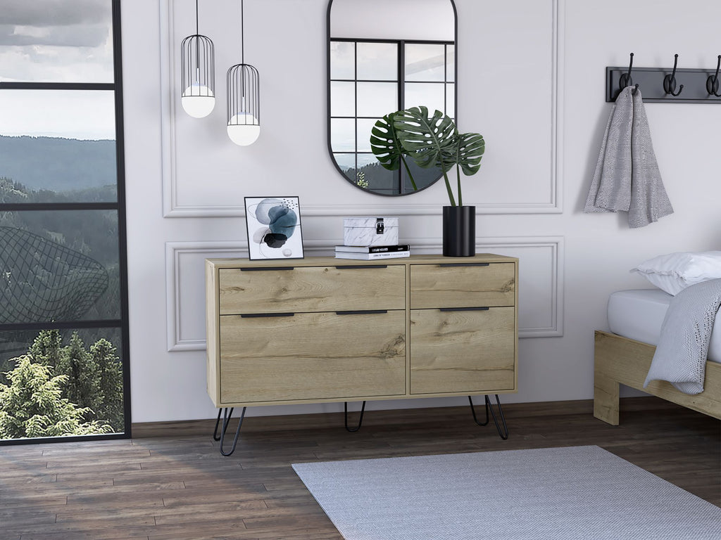 Double Dresser, Four Drawers, Superior Top, Hairpin Legs, Light Oak