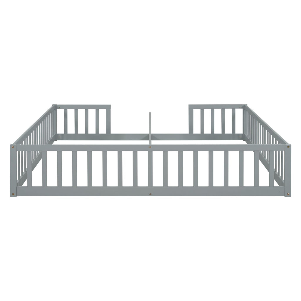 Double Twin Floor Bed with Fence, Guardrails, without door, Grey