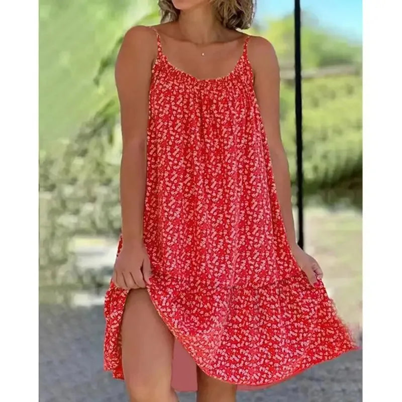 Women Floral Print A-Line Mini Dress with Spaghetti Straps and Sleeveless Design, Elegant Casual Beach Sundress for Women