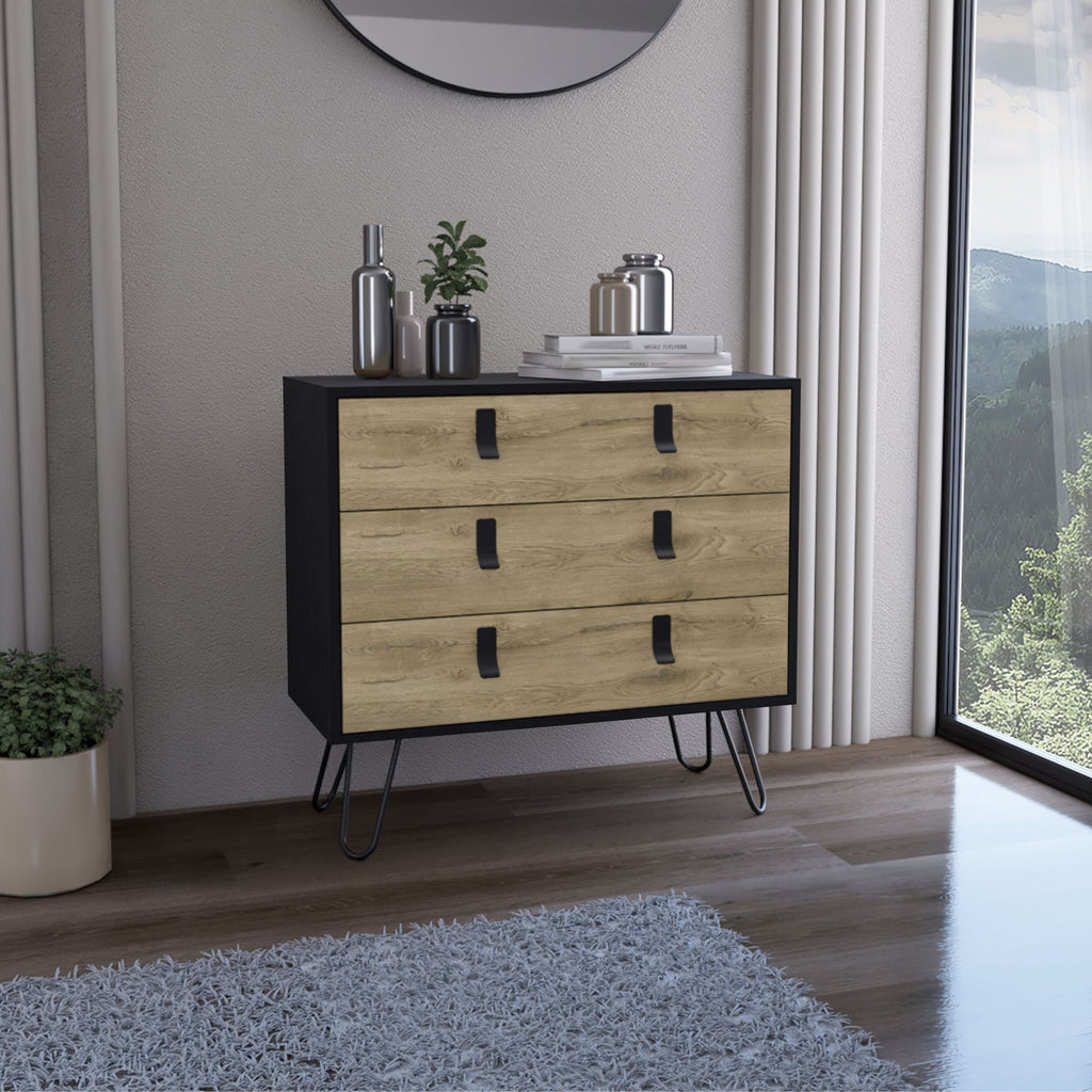 Dresser 29" H, 3-Drawer organiser, Modern Chest of Drawers with Hairpin Legs and Metal Accents, Black / Macadamia
