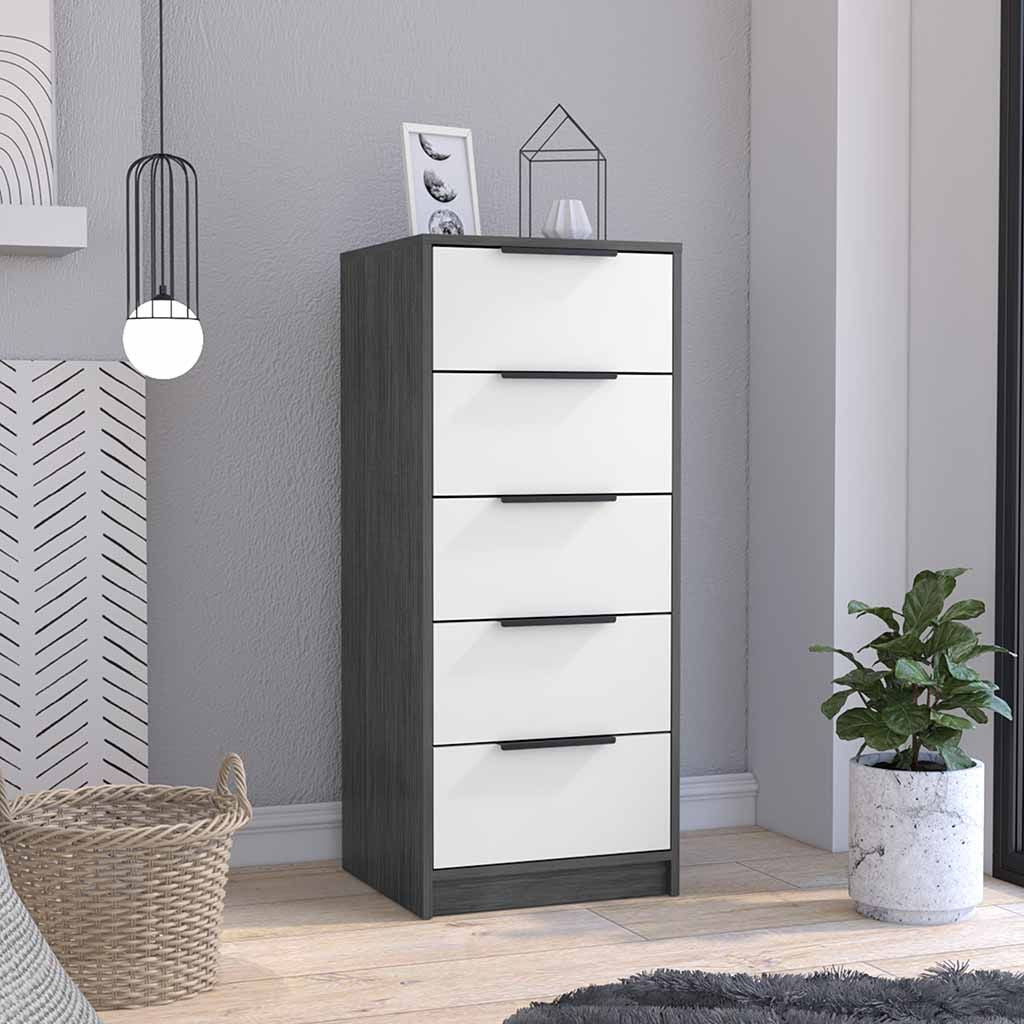Dresser 42"H, 5 Drawer, Vertical Dresser, White / Smokey Oak