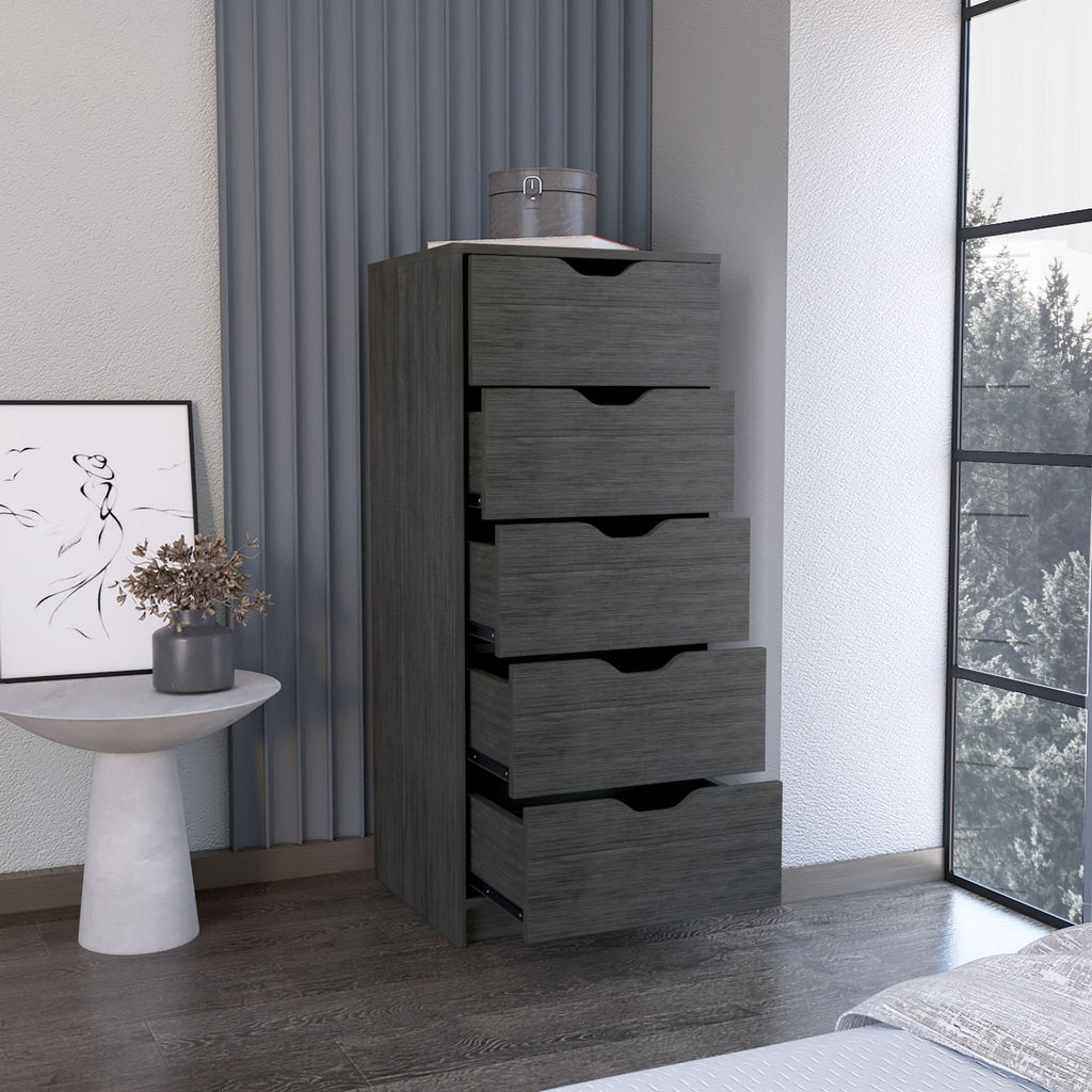 Dresser 42H" 5 Drawers Narrow Dresser, Slim Storage Chest of Drawers, Bedroom, Smokey Oak