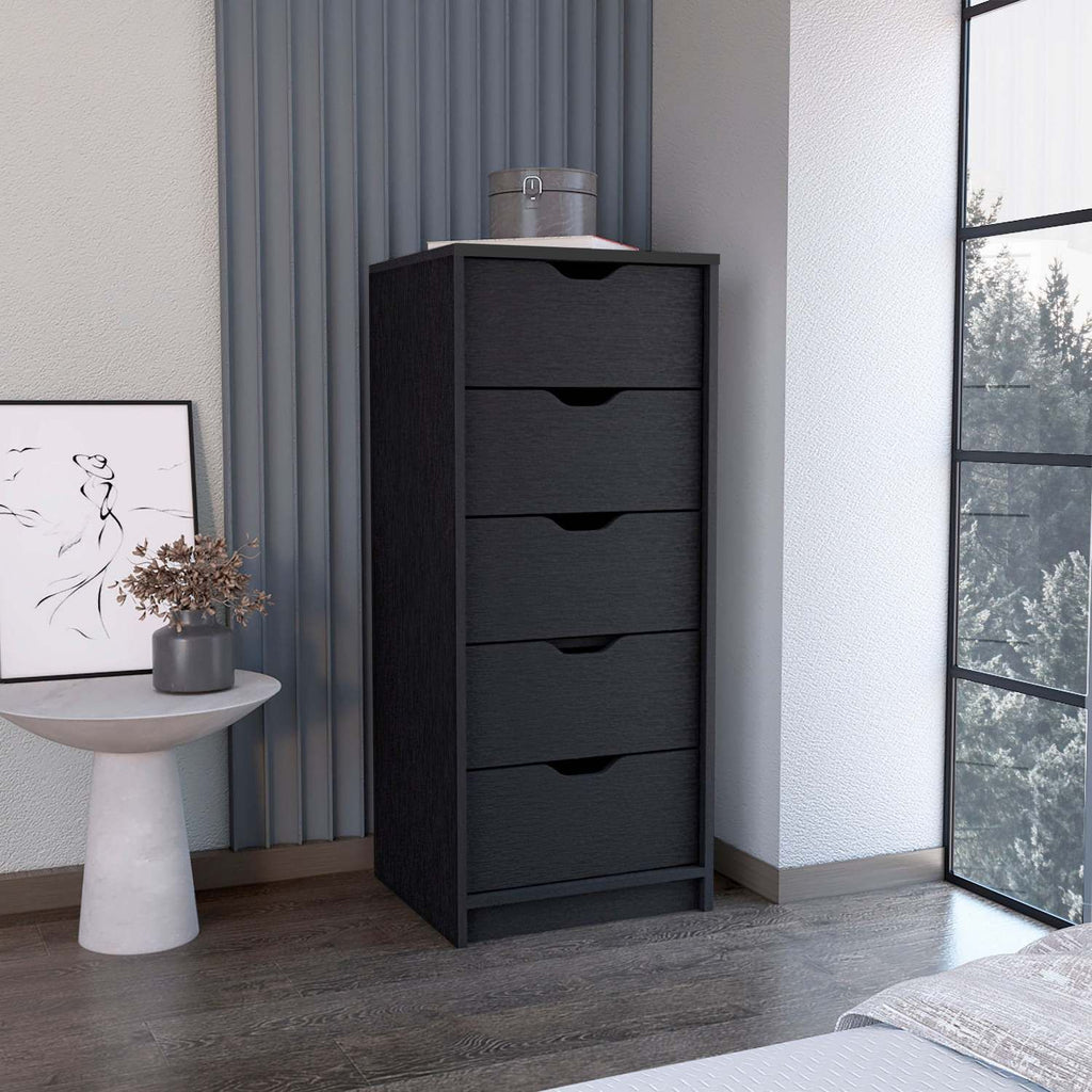 Dresser 42"H, 5 Drawers , Slim Storage Chest of Drawers, Black