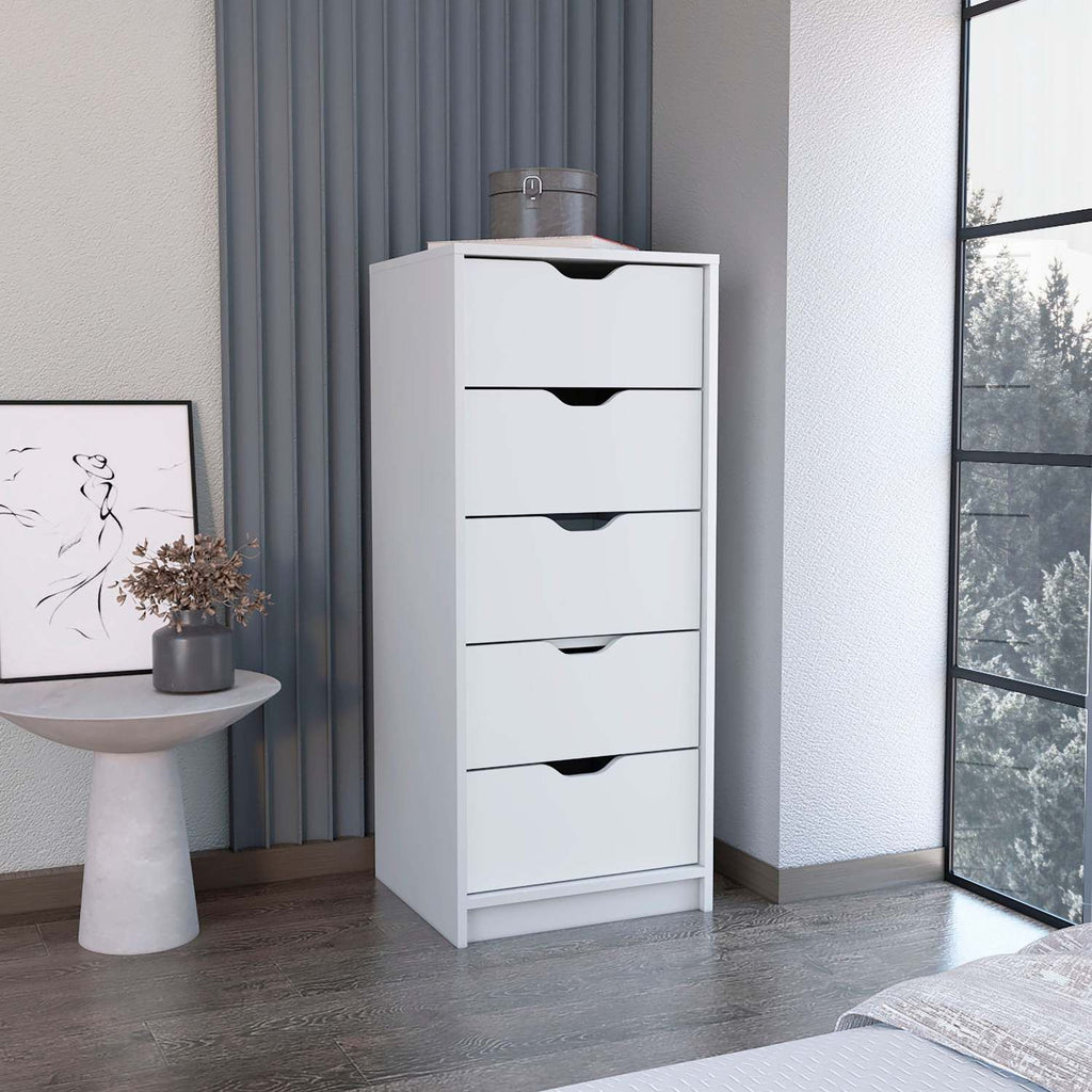 Dresser 42"H, 5 Drawers , Slim Storage Chest of Drawers, White