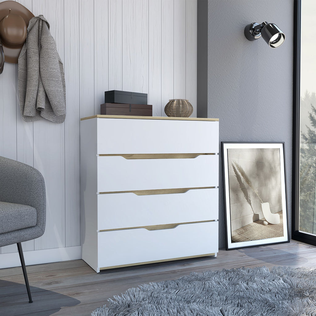 Dresser Oboe, Superior Top, Four Drawers, White / Light Oak Finish