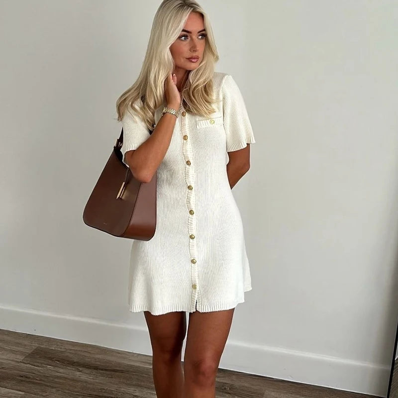 White Elegant Knitted Mini Dress for Women with Metal Buttons and Slim Ribbed Fit for Holiday Parties and Autumn Outfits