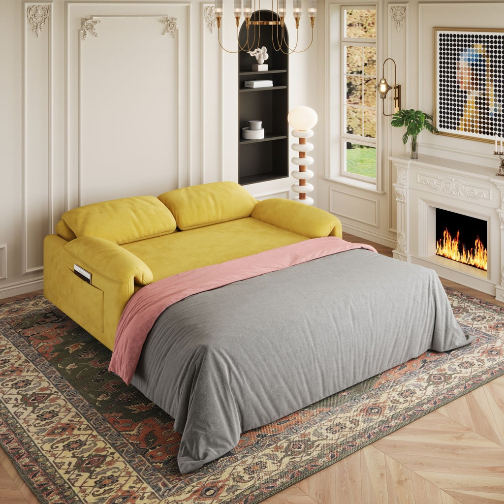 Dual-Purpose Velvet Sofa Bed: Elegant Yellow Sofa Transforms into a Retractable Bed for Your Living Room
