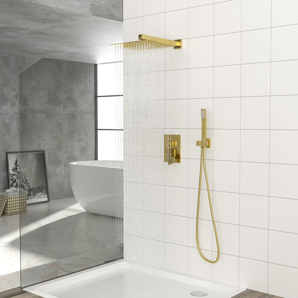 Dual Shower Head - 10 Inch Wall Mounted Square Shower System with Rough-in Valve,Gold