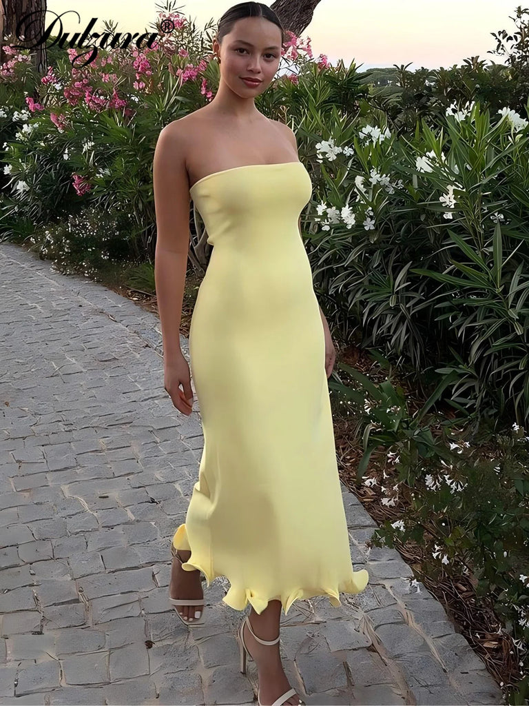 Dulzura Sleeveless Ruffles Patchwork Strapless Bodycon Midi Dress for Women Elegant Solid Sexy Party and Clubwear for Autumn and Winter