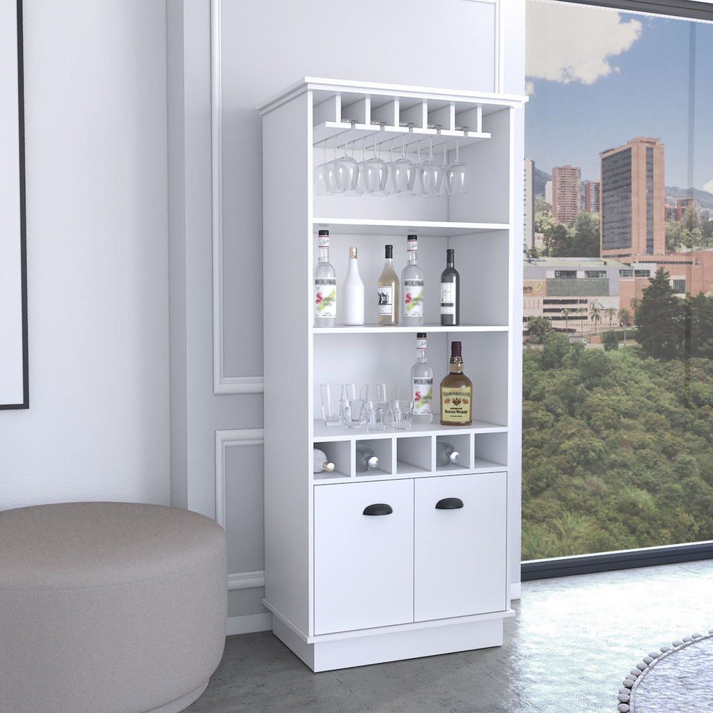 Dundee 70-Inch High 10-Glass Bar Cabinet with 5 Cubbies and 3 Open Shelves and Cabinet White