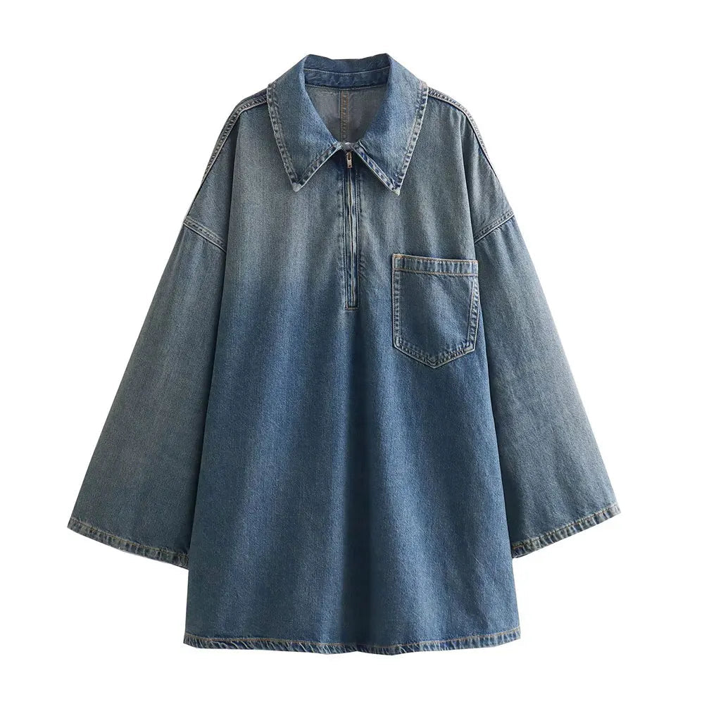 Women’s Solid Denim Dress with Long Sleeves and Casual Fit Elegant Chic Short Dress for Lady Casual Wear