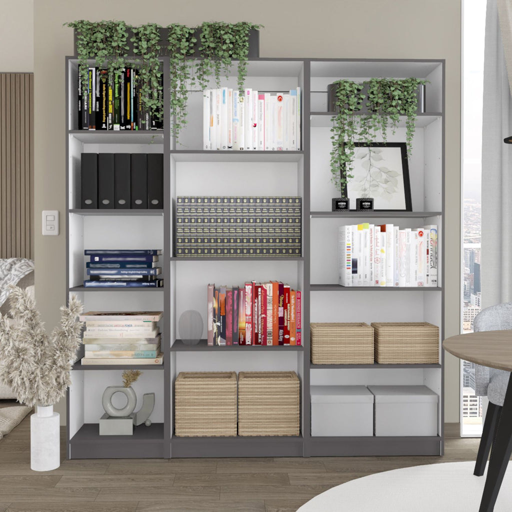 Dupree 3 Piece Home Bookcase set, 67" Wide with 14 Shelves , Living Room Set Set Mat Gray - White