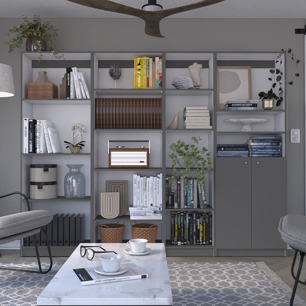 Dupree 4 Piece Home Bookcase set, 91" Wide with 17 Shelves And a Double-Door Cabinet , Living Room Set Matt Gray / White