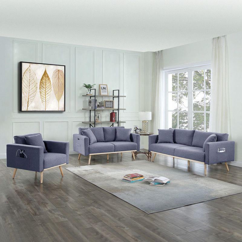 Easton Dark Gray Linen Fabric Sofa Loveseat Chair Living Room Set with USB Charging Ports Pockets & Pillows