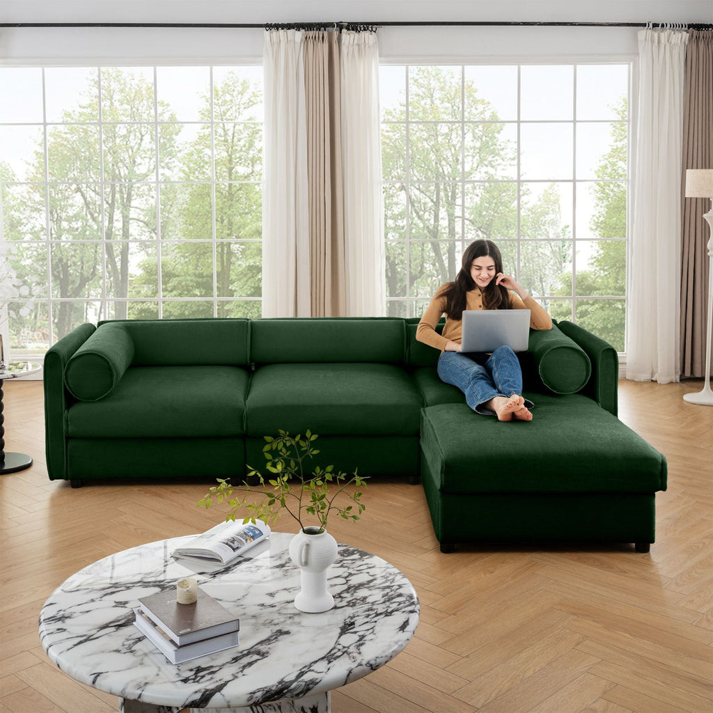 Elegant Green Chenille Sofa with Storage Seat and Ottoman, L-Shaped 3-Seater Cylindrical Backrest and Armrests, Contemporary 3-Seater Fabric Couch with Hidden Storage Compartment