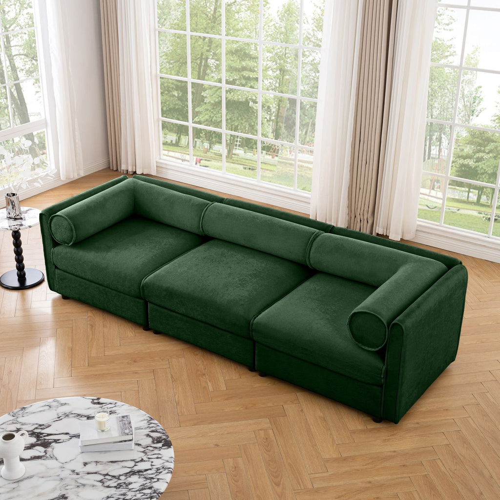 Elegant Green Chenille Sofa with Storage Seat, Cylindrical Backrest and Armrests, Contemporary 3-Seater Fabric Couch with Hidden Storage Compartment