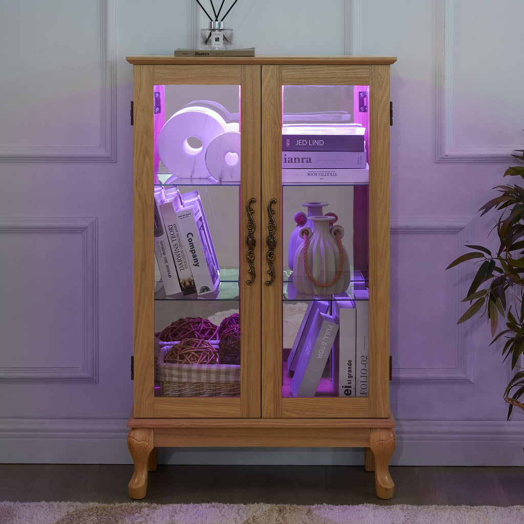 Elegant Light Oak Curio Cabinet with Tempered Glass Doors, LED Light, Mirrored Back Panel & Adjustable Shelves – Perfect Display Storage for Home & Office