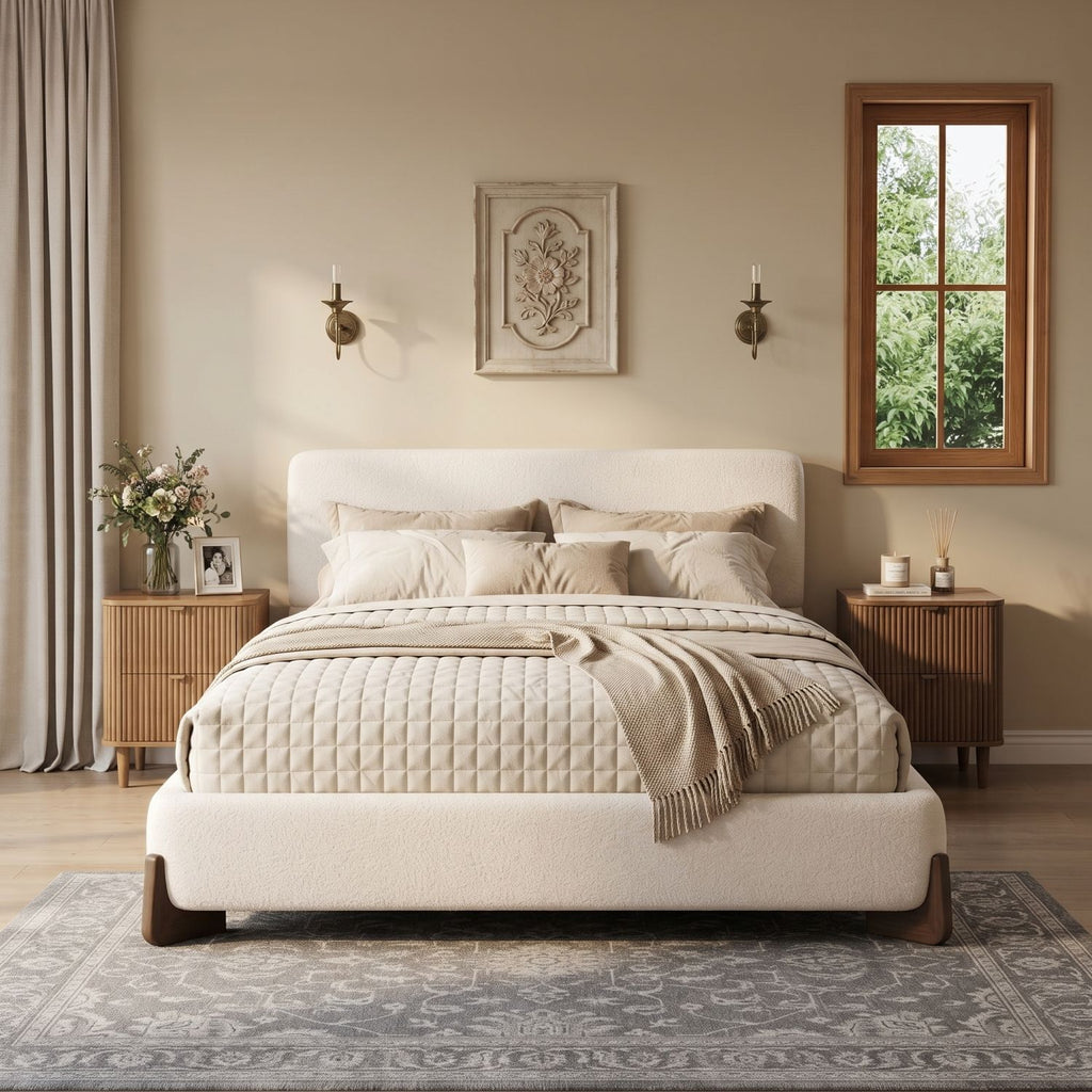 Elegant terry upholstered bed with dark brown solid wood legs, luxurious and comfortable bedroom centerpiece, queen size, white