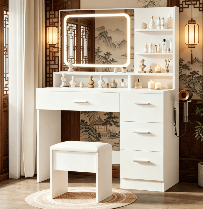 Elegant vanity includes lighted mirror and storage drawers; white makeup table for women; suitable for various settings including bedrooms, living rooms, and dorms