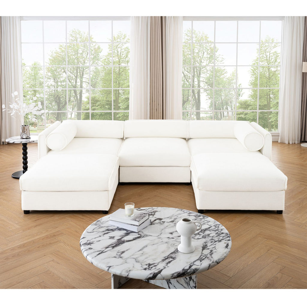 Elegant White Chenille Sofa with Storage Seat and Ottoman, U-Shaped 3-Seater Cylindrical Backrest and Armrests, Contemporary 3-Seater Fabric Couch with Hidden Storage Compartment