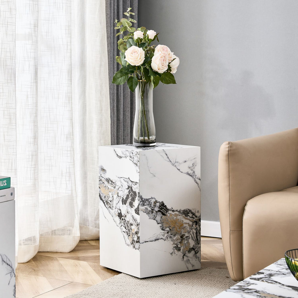 Elevate your living space with this modern MDF coffee table, which showcases white marble textured patterns. It is characterized by stylish design.11.8x11.8x19.7 inches,W1151119519