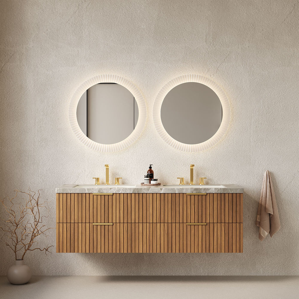 ELIO 60" Bathroom Vanity with Sink, Wall-Mounted Bathroom Storage Cabinet with Drawers, Sintered Stone Countertop and 2 Basins with 3 Pre-drilled Faucet Holes, Pre-assembled, Brown Oak Woodgrain Color