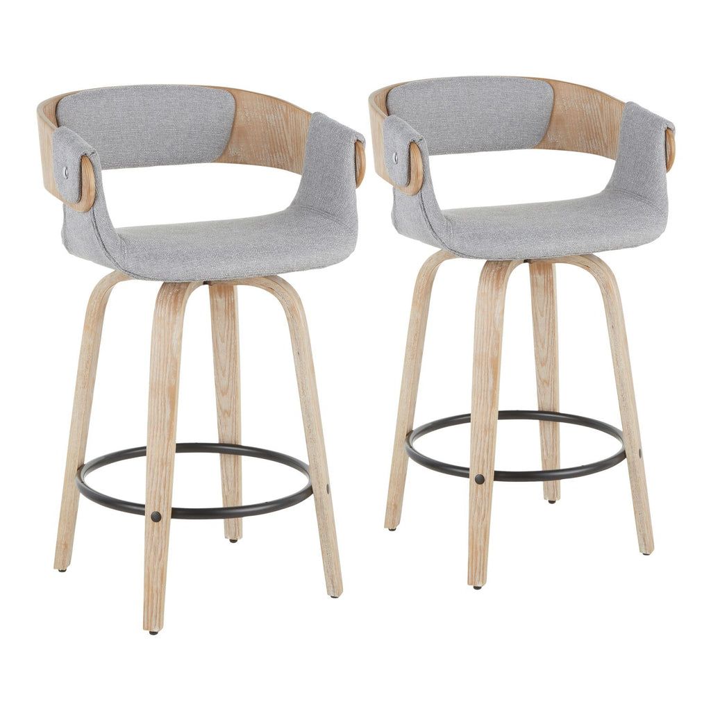 Elisa Farmhouse Counter Stool in White Washed Wood and Grey Fabric by - Set of 2