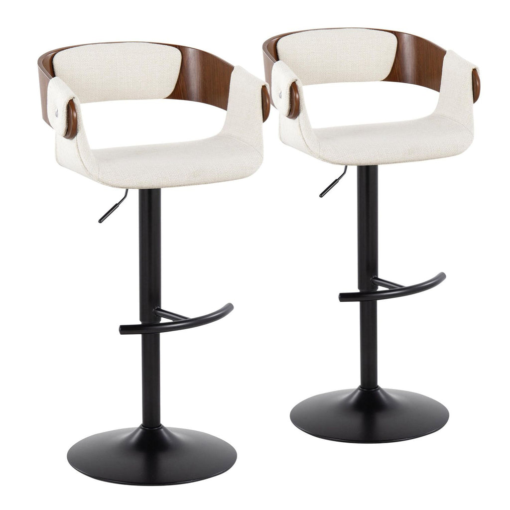 Elisa Mid-Century Modern Adjustable Barstool with Swivel in Black Metal, Walnut Wood and Cream Fabric with Rounded T Footrest by - Set of 2