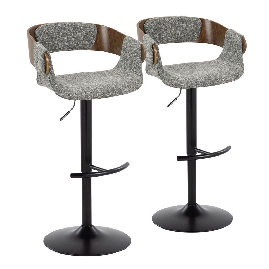 Elisa Mid-Century Modern Adjustable Barstool with Swivel in Black Metal, Walnut Wood and Grey Fabric with Rounded T Footrest by - Set of 2