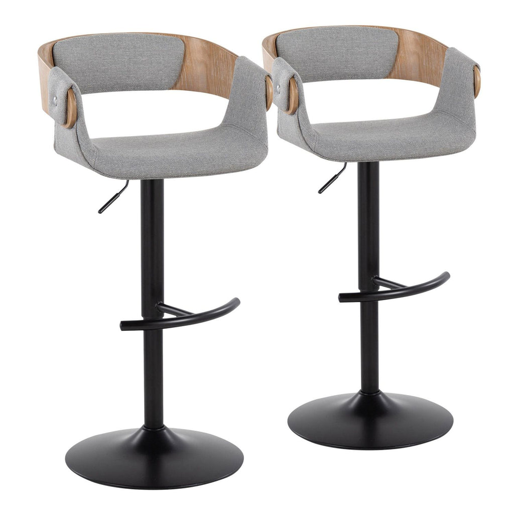 Elisa Mid-Century Modern Adjustable Barstool with Swivel in Black Metal, Whitewashed Wood and Grey Fabric with Rounded T Footrest by - Set of 2