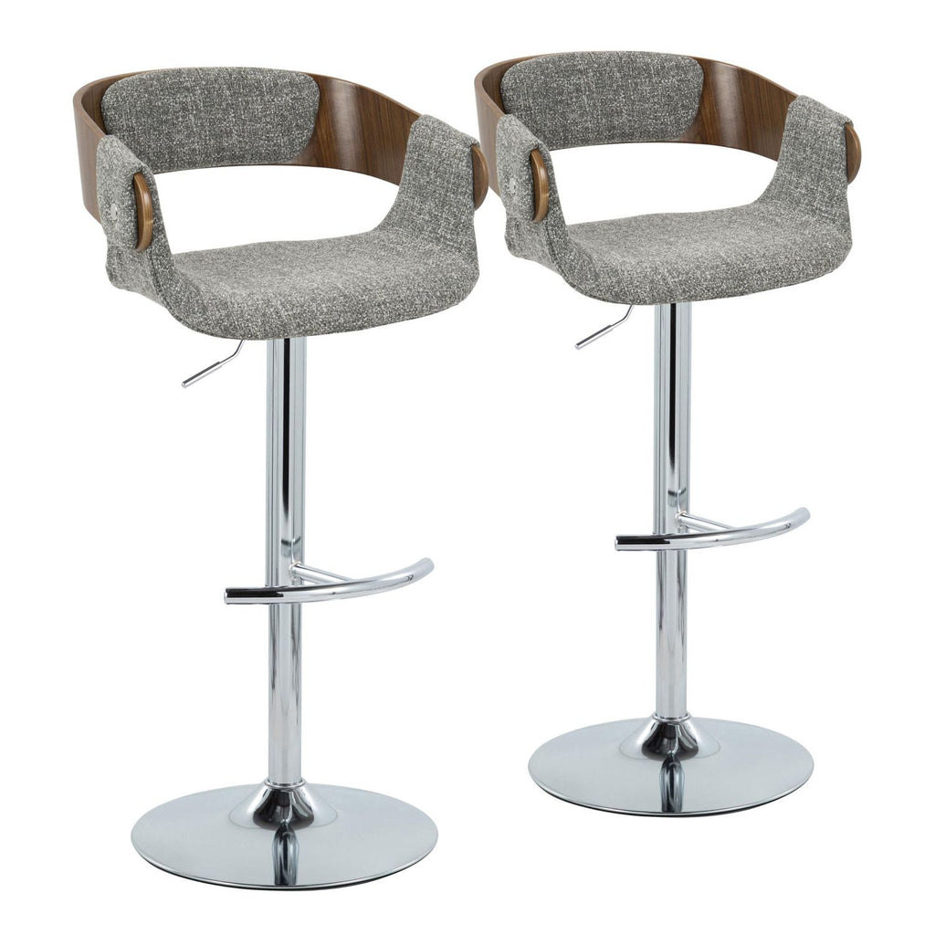Elisa Mid-Century Modern Adjustable Barstool with Swivel in Chrome Metal, Walnut Wood and Grey Fabric with Rounded T Footrest by - Set of 2